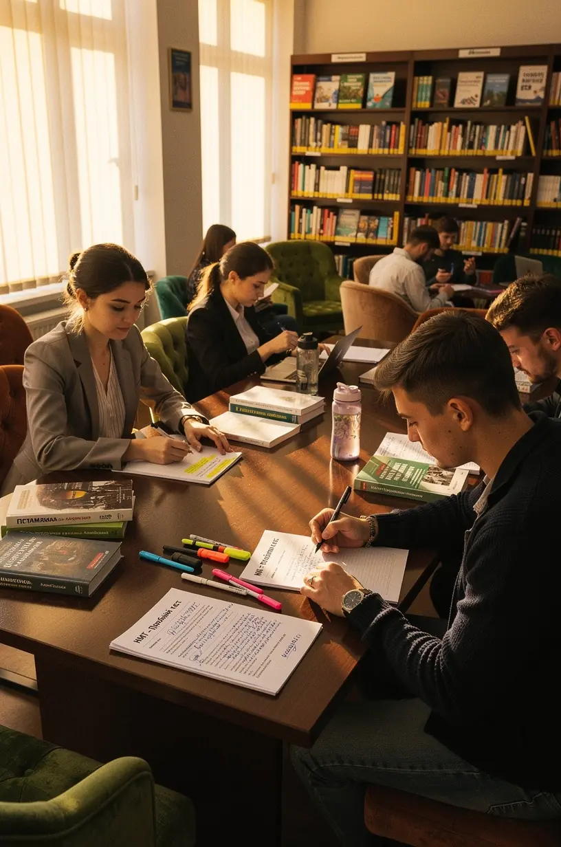 Group of Ukrainian students collaborating during an NMT exam strategy workshop in a modern classroom.